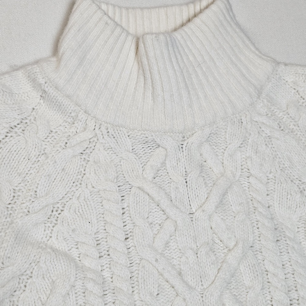 BCBG Max Azria Merino Wool Cable Knit Turtleneck Sweater White XS Balloon Sleeve